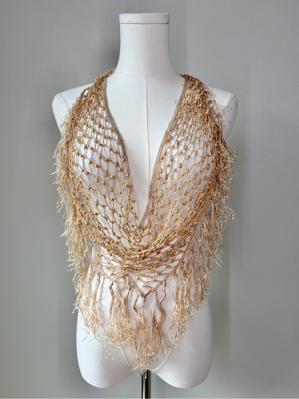Boho Wooden Beaded Crochet Fringe Net Wrap Convertible Shawl Hip Scarf Festival - Picture 5 of 13